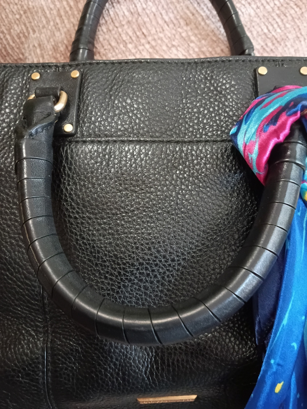 Rebecca Minkoff Black Pebbled Leather Satchel with Blue Multi-Color Scarf - Picture 5 of 16